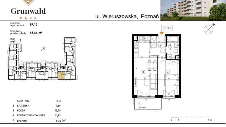 Rzut - Mieszkanie na sprzedaż 2 pokoje o powierzchni 45,44 m² - numer 8 F/15 w Grunwald Park