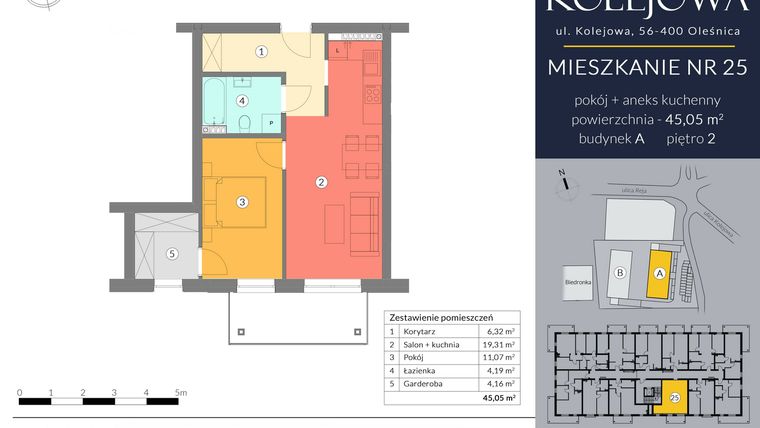 Rzut - Mieszkanie na sprzedaż 2 pokoje o powierzchni 45,05 m² - numer A.25 w Osiedle Kolejowa