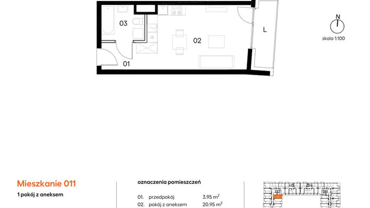 Rzut - Mieszkanie na sprzedaż 1 pokój o powierzchni 29,48 m² - numer A011 w Miasto Polskich Mistrzów Olimpijskich