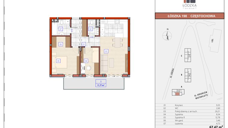 Rzut - Mieszkanie na sprzedaż 3 pokoje o powierzchni 67,59 m² - numer A.M.25 w Łódzka Osiedle