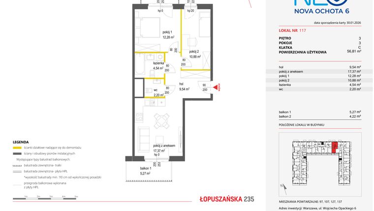 Rzut - Mieszkanie na sprzedaż 3 pokoje o powierzchni 56,81 m² - numer 117 w Neo Nova Ochota 6