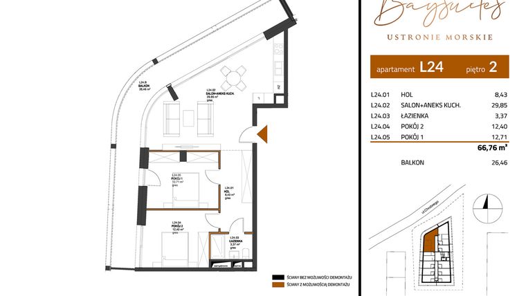 Rzut - Mieszkanie na sprzedaż 3 pokoje o powierzchni 66,76 m² - numer AP.2.24 w Baysuites