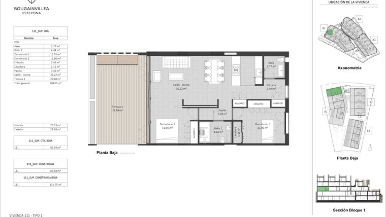 Rzut - Mieszkanie na sprzedaż 2 pokoje o powierzchni 75 m² - numer 111 w Bougainvillea - Estepona