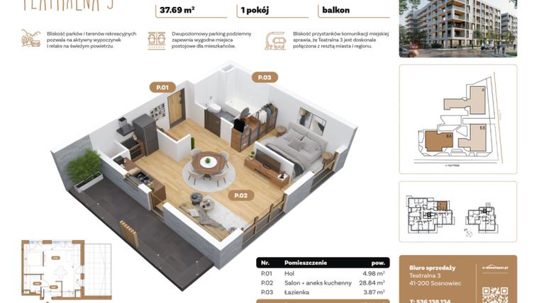 Rzut - Mieszkanie na sprzedaż 1 pokój o powierzchni 37,69 m² - numer B7.A.02 w Teatralna 3