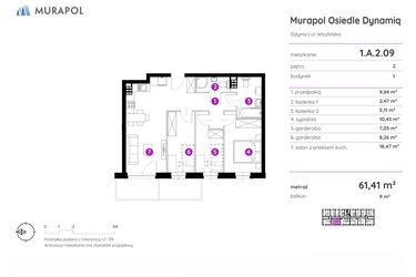 Rzut - Mieszkanie na sprzedaż 2 pokoje o powierzchni 61,41 m² - numer 1.A.2.09 w Murapol Osiedle Dynamiq