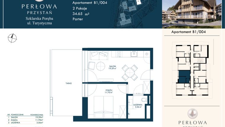 Rzut - Mieszkanie na sprzedaż 2 pokoje o powierzchni 34,65 m² - numer B1/004 w Perłowa Przystań - Szklarska Poręba