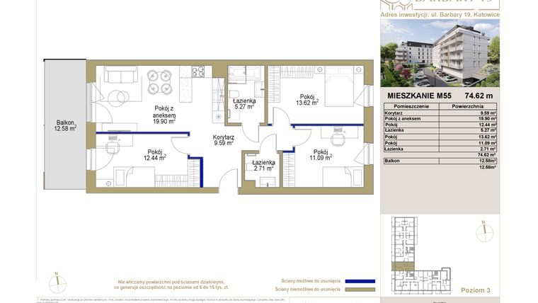 Rzut - Mieszkanie na sprzedaż 4 pokoje o powierzchni 74,62 m² - numer 55 w Barbary 19