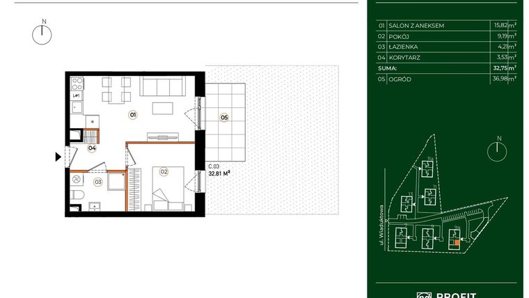 Rzut - Mieszkanie na sprzedaż 2 pokoje o powierzchni 32,75 m² - numer 9A.03 w Wiaduktowa
