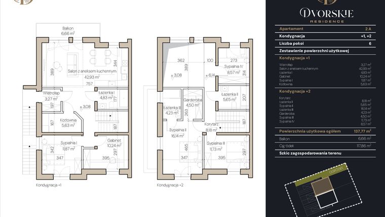 Rzut - Mieszkanie na sprzedaż 6 pokoi o powierzchni 137,77 m² - numer 2A w Dvorskie Residence