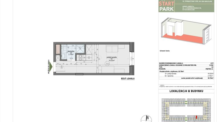 Rzut - Mieszkanie na sprzedaż 1 pokój o powierzchni 18,78 m² - numer 2.17 w START PARK