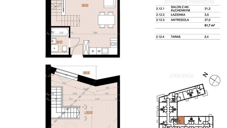 Rzut - Mieszkanie na sprzedaż 2 pokoje o powierzchni 61,7 m² - numer 212 w Szczecińska 20