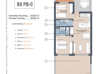 Rzut - Mieszkanie na sprzedaż 2 pokoje o powierzchni 58,6 m² - numer 3.0.C w LA Sunrise - Los Alcázares