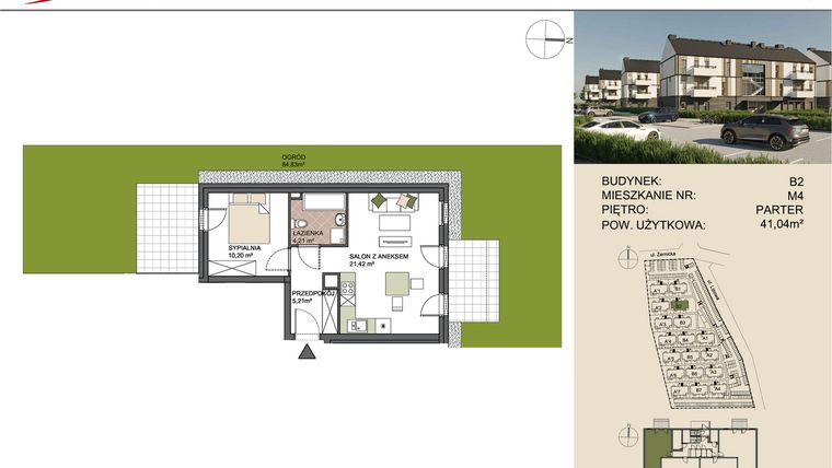 Rzut - Mieszkanie na sprzedaż 2 pokoje o powierzchni 41,04 m² - numer B2/4 w Osiedle Przy Lipowej