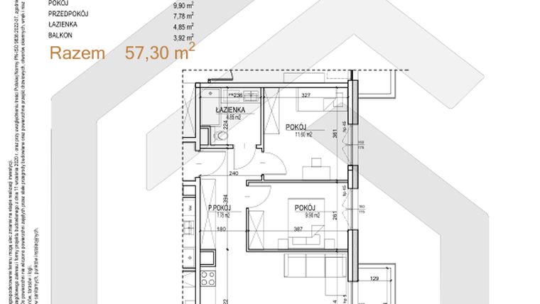 Rzut - Mieszkanie na sprzedaż 3 pokoje o powierzchni 57,3 m² - numer S.02.11 w Sobieskiego 29