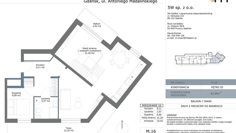 Rzut - Mieszkanie na sprzedaż 4 pokoje o powierzchni 82,88 m² - numer M16 w Madalińskiego