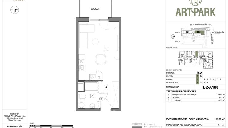 Rzut - Mieszkanie na sprzedaż 1 pokój o powierzchni 29,41 m² - numer B.2.A108 w ArtPark