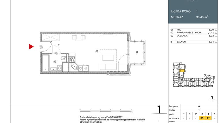 Rzut - Mieszkanie na sprzedaż 1 pokój o powierzchni 30,43 m² - numer 35 w Morwowa 5