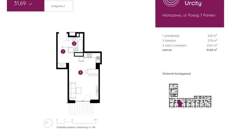 Rzut - Mieszkanie na sprzedaż 1 pokój o powierzchni 31,69 m² - numer 2.B.0.02 w Murapol Urcity