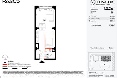 Rzut - Mieszkanie na sprzedaż 1 pokój o powierzchni 37,09 m² - numer EZ.1.3.36 w Elewator - Mieszkania i Lofty