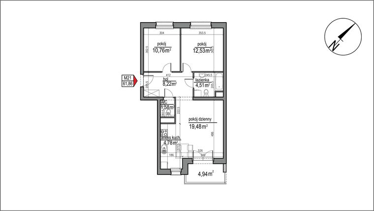 Rzut - Mieszkanie na sprzedaż 3 pokoje o powierzchni 61,86 m² - numer 4 m. 21 w Osiedle Rytm etap 3