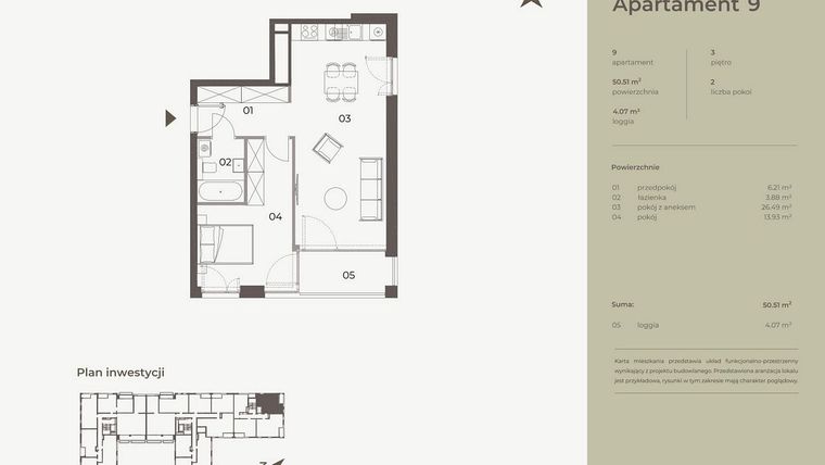 Rzut - Mieszkanie na sprzedaż 2 pokoje o powierzchni 50,51 m² - numer 9 w Monument