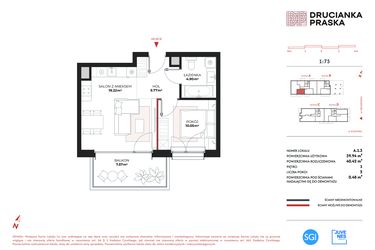 Rzut - Mieszkanie na sprzedaż 2 pokoje o powierzchni 39,94 m² - numer A.1.3 w Drucianka Praska
