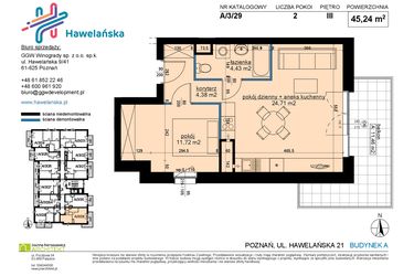Rzut - Mieszkanie na sprzedaż 2 pokoje o powierzchni 45,24 m² - numer A/3/29 w Osiedle Hawelańska etap III - bud. A