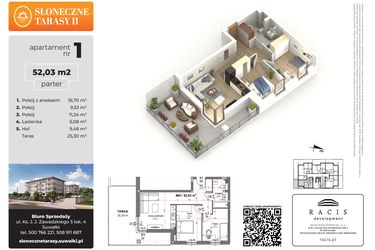 Rzut - Mieszkanie na sprzedaż 3 pokoje o powierzchni 52,03 m² - numer 1 w Słoneczne Tarasy II
