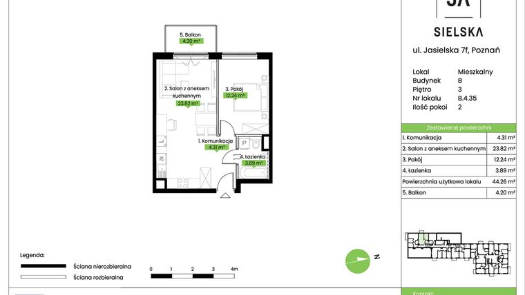 Rzut - Mieszkanie na sprzedaż 2 pokoje o powierzchni 44,26 m² - numer B.4.35 w JA_SIELSKA V