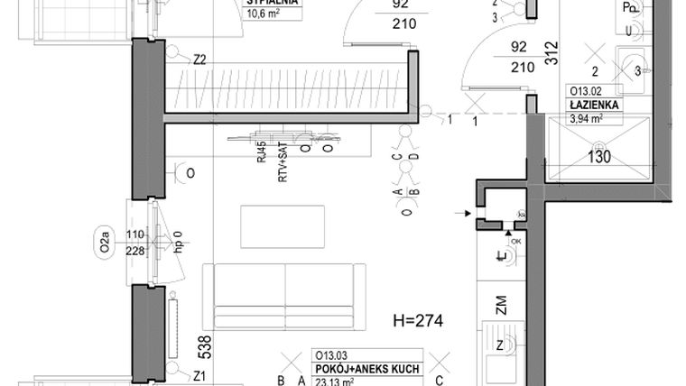 Rzut - Mieszkanie na sprzedaż 2 pokoje o powierzchni 46,17 m² - numer O13 w Miasto Ogród 6 - OSLO i SZTOKHOLM