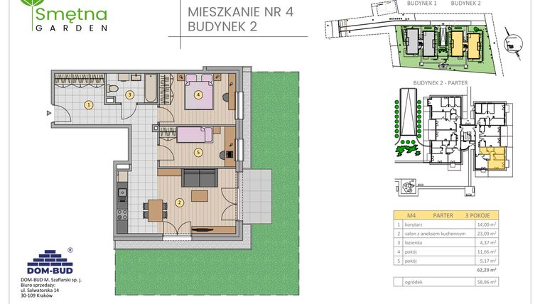 Rzut - Mieszkanie na sprzedaż 3 pokoje o powierzchni 62,29 m² - numer 4 w Smętna Garden