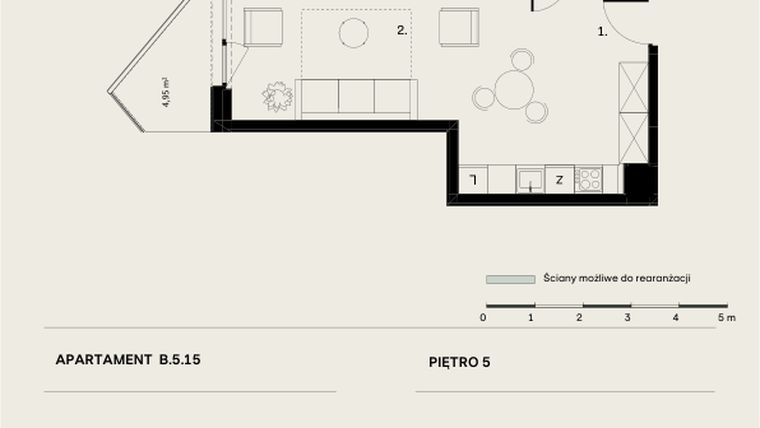 Rzut - Mieszkanie na sprzedaż 1 pokój o powierzchni 36,69 m² - numer B/5/15 w Ogrodowa 12