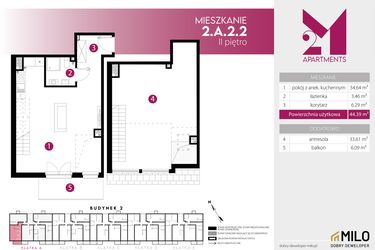 Rzut - Mieszkanie na sprzedaż 2 pokoje o powierzchni 78 m² - numer 2.A.2.2 w Maślice Wrocław Milo Dobry Deweloper etap III