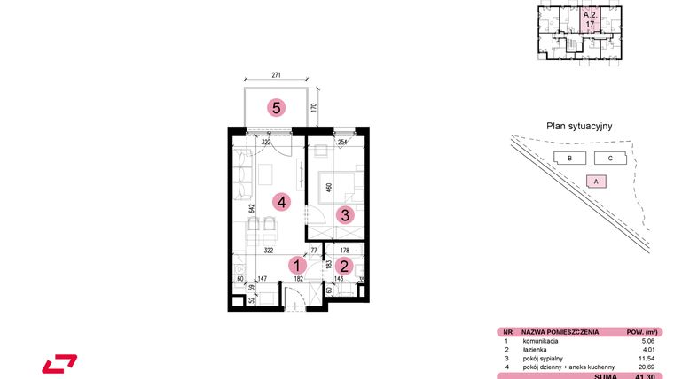 Rzut - Mieszkanie na sprzedaż 2 pokoje o powierzchni 41,3 m² - numer A-2-17 w Nowe Miasto