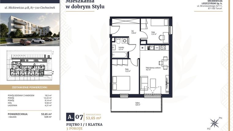 Rzut - Mieszkanie na sprzedaż 3 pokoje o powierzchni 53,35 m² - numer A7 w Mickiewicza
