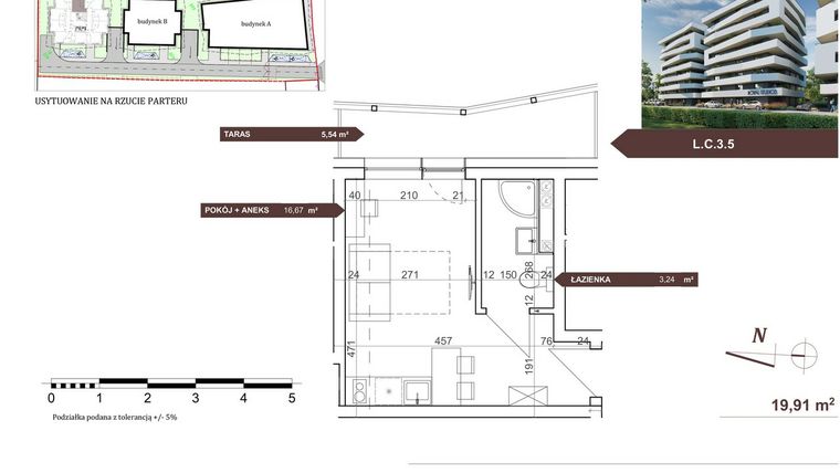 Rzut - Mieszkanie na sprzedaż 1 pokój o powierzchni 19,91 m² - numer L.C.3.5 w Royal Studios Smart Apartments etap 2