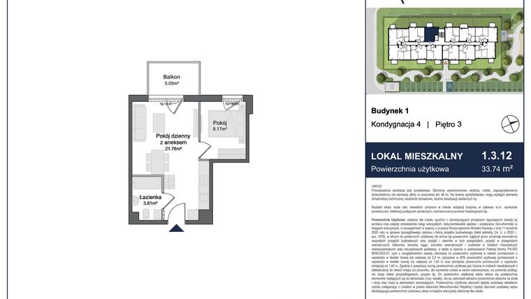 Rzut - Mieszkanie na sprzedaż 2 pokoje o powierzchni 33,74 m² - numer 1.3.12 w Rytelska