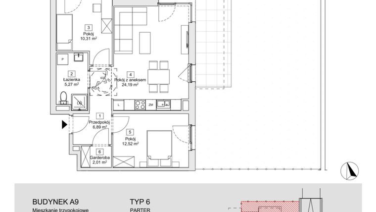 Rzut - Mieszkanie na sprzedaż 3 pokoje o powierzchni 61,19 m² - numer A9.0.1(N) w Zacisze Marcelin IIIa