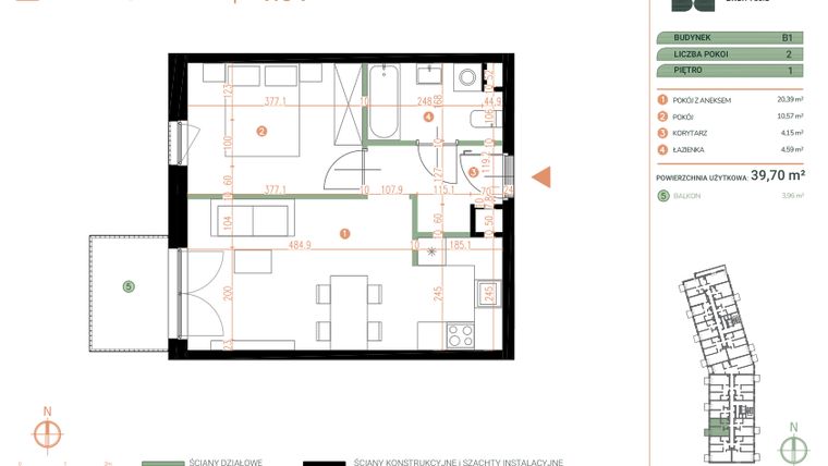 Rzut - Mieszkanie na sprzedaż 2 pokoje o powierzchni 39,7 m² - numer M.01.04 w Casa Feliz Portowa II