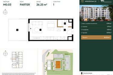 Rzut - Mieszkanie na sprzedaż 1 pokój o powierzchni 26,25 m² - numer 2.M0.03 w Wierzbowa 20