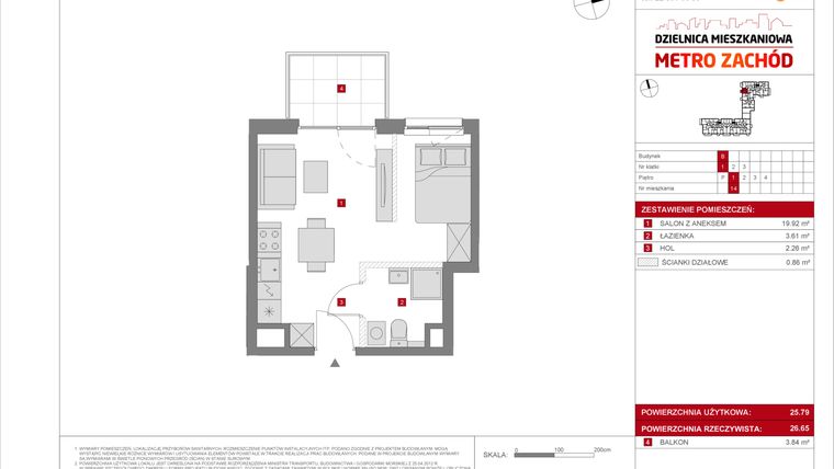 Rzut - Mieszkanie na sprzedaż 1 pokój o powierzchni 25,79 m² - numer B.14 w Dzielnica Mieszkaniowa Metro Zachód - etap 8.2