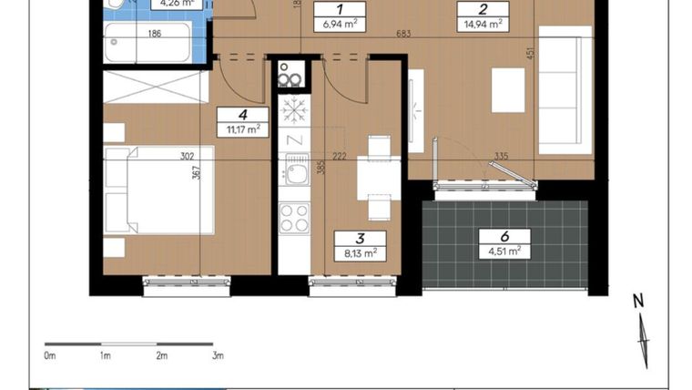 Rzut - Mieszkanie na sprzedaż 2 pokoje o powierzchni 45,44 m² - numer E/1/3 w Limone