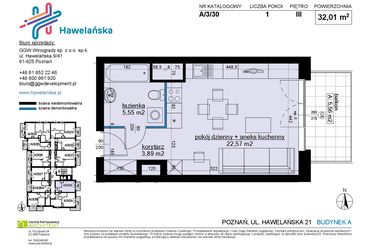 Rzut - Mieszkanie na sprzedaż 1 pokój o powierzchni 32,01 m² - numer A/3/30 w Osiedle Hawelańska etap III - bud. A