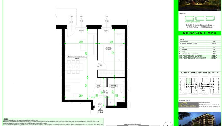 Rzut - Mieszkanie na sprzedaż 2 pokoje o powierzchni 37,93 m² - numer 2.8. w City Park Apartments