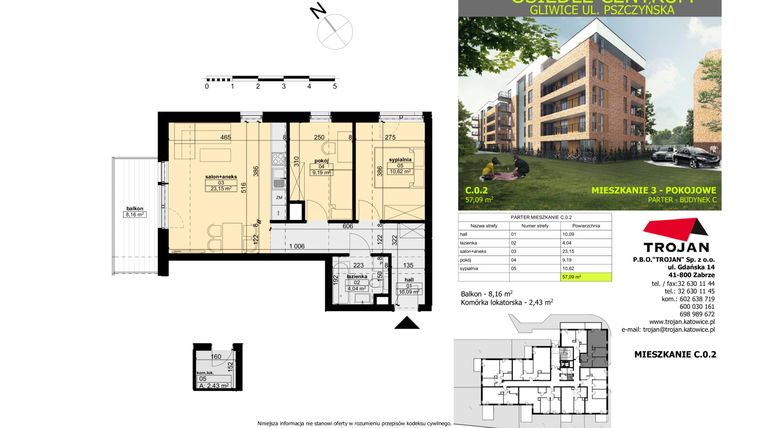 Rzut - Mieszkanie na sprzedaż 3 pokoje o powierzchni 56,16 m² - numer C.0.2 w Osiedle Centrum