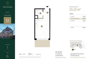 Rzut - Mieszkanie na sprzedaż 1 pokój o powierzchni 25,23 m² - numer 51 w Rezydencja Świerkowa