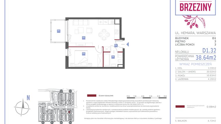 Rzut - Mieszkanie na sprzedaż 2 pokoje o powierzchni 38,64 m² - numer D1.32 w Miasteczko Brzeziny II