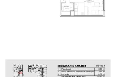 Rzut - Mieszkanie na sprzedaż 1 pokój o powierzchni 26,12 m² - numer 4.01.B04 w Ogrody Andersa III