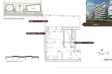 Rzut - Mieszkanie na sprzedaż 1 pokój o powierzchni 19,91 m² - numer L.B.1.5 w Royal Studios Smart Apartments etap 2