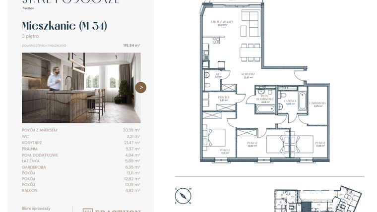 Rzut - Mieszkanie na sprzedaż 4 pokoje o powierzchni 115,84 m² - numer M.34 w Stare Podgórze